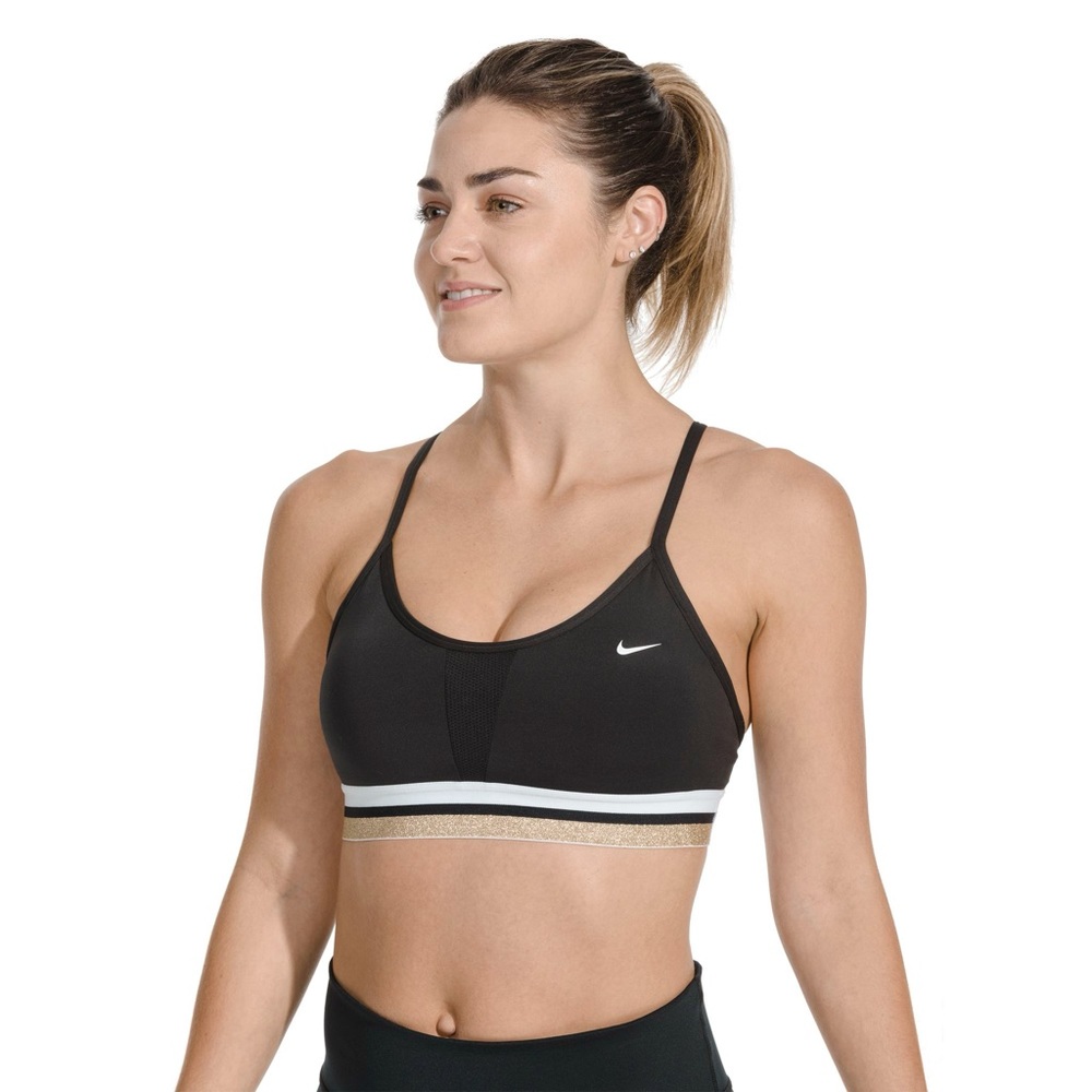 Nike Training Indy Light Support Gold Trim Sports Bra In black size S BV4868-010